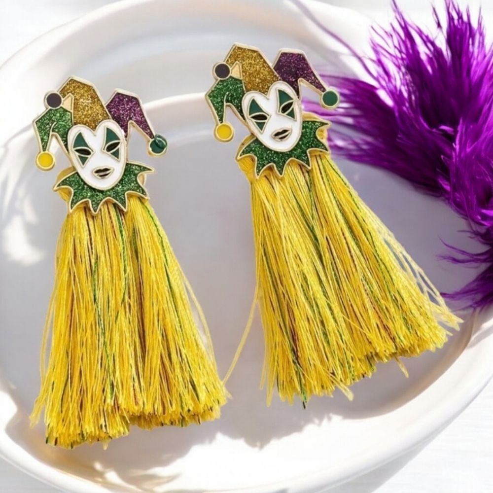 Mardi Gras Jester Fringe Earrings Gold Tassel Carnival Pierced Studs Dangle